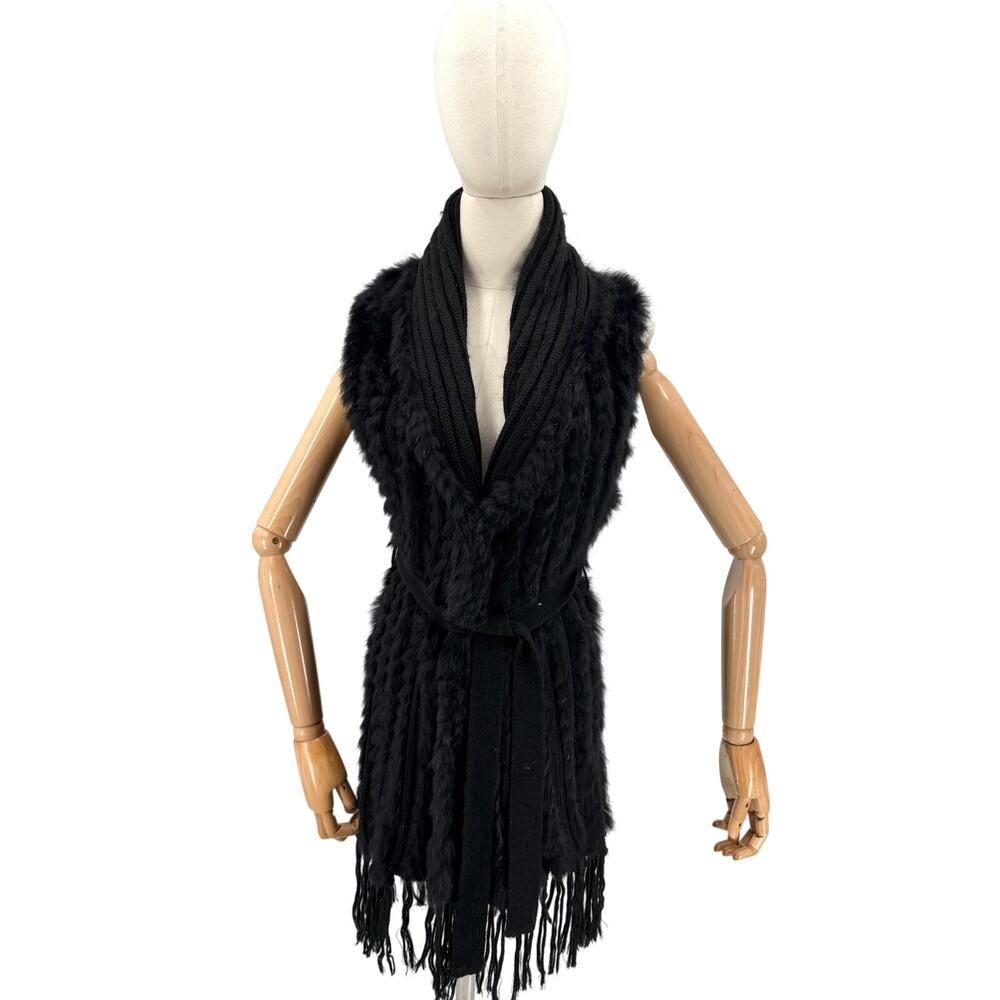 Vintage Y2K Fantazia Black Genuine Rabbit Fur Boho Fringe Self Tie Sweater Vest